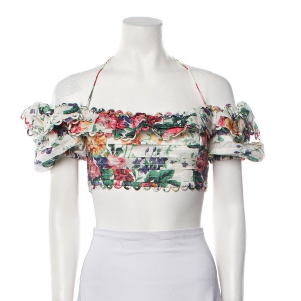 Zimmermann Allia Pintuck Floral Off-Shoulder Crop Top